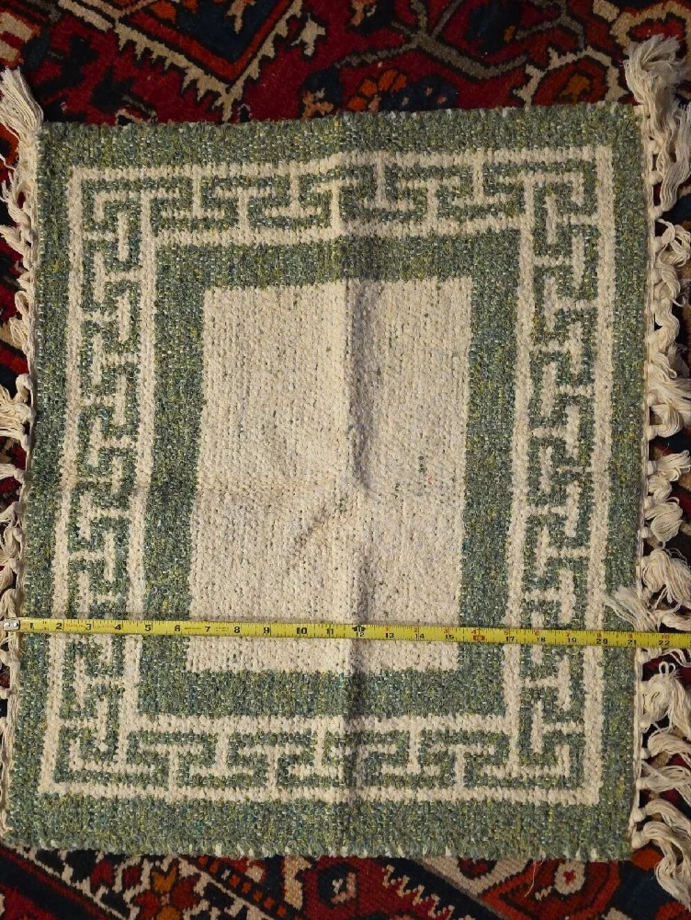 NWOT Handwoven Greek Cotton Green and Cream Bath Mat with Fringe